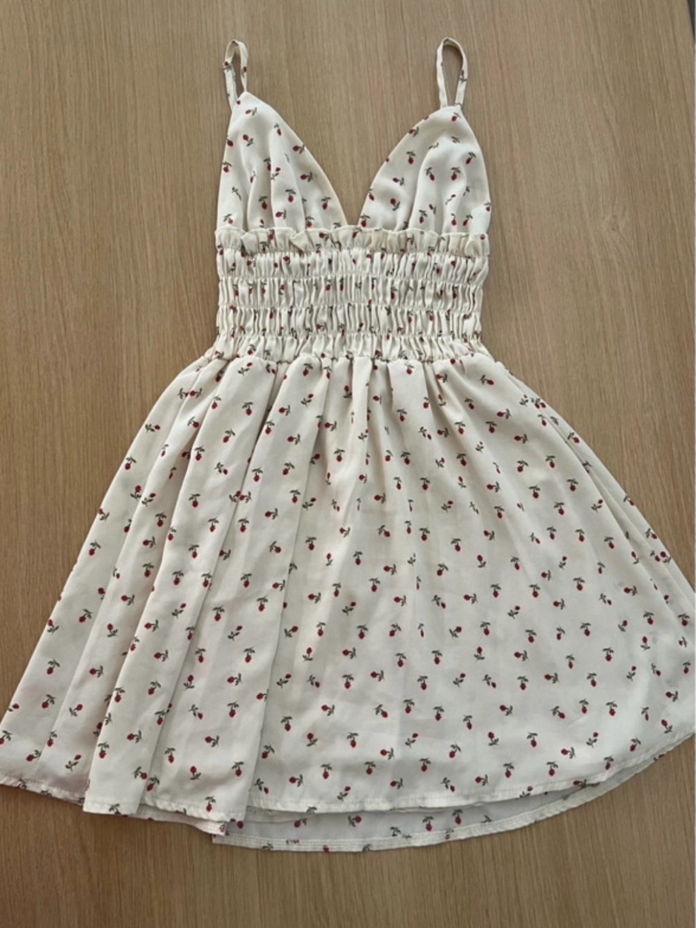 White Cherry-Print Smocked Bodice Women’s Dress